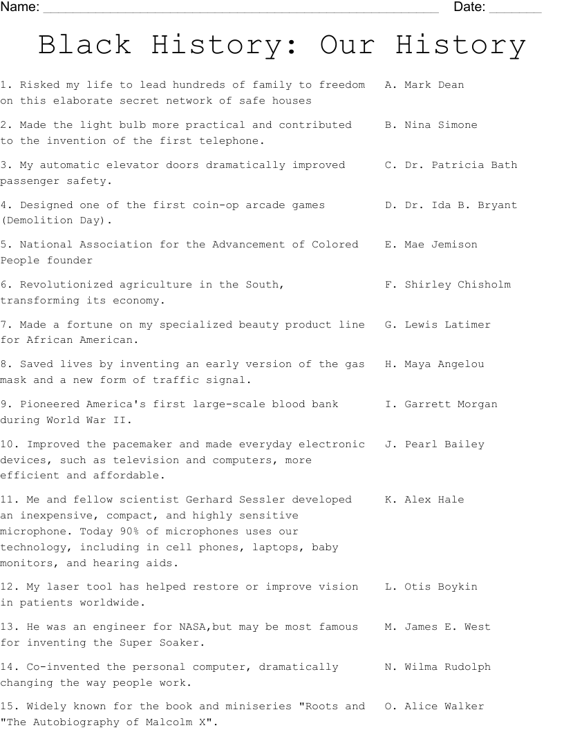 Black History:  Our History Worksheet