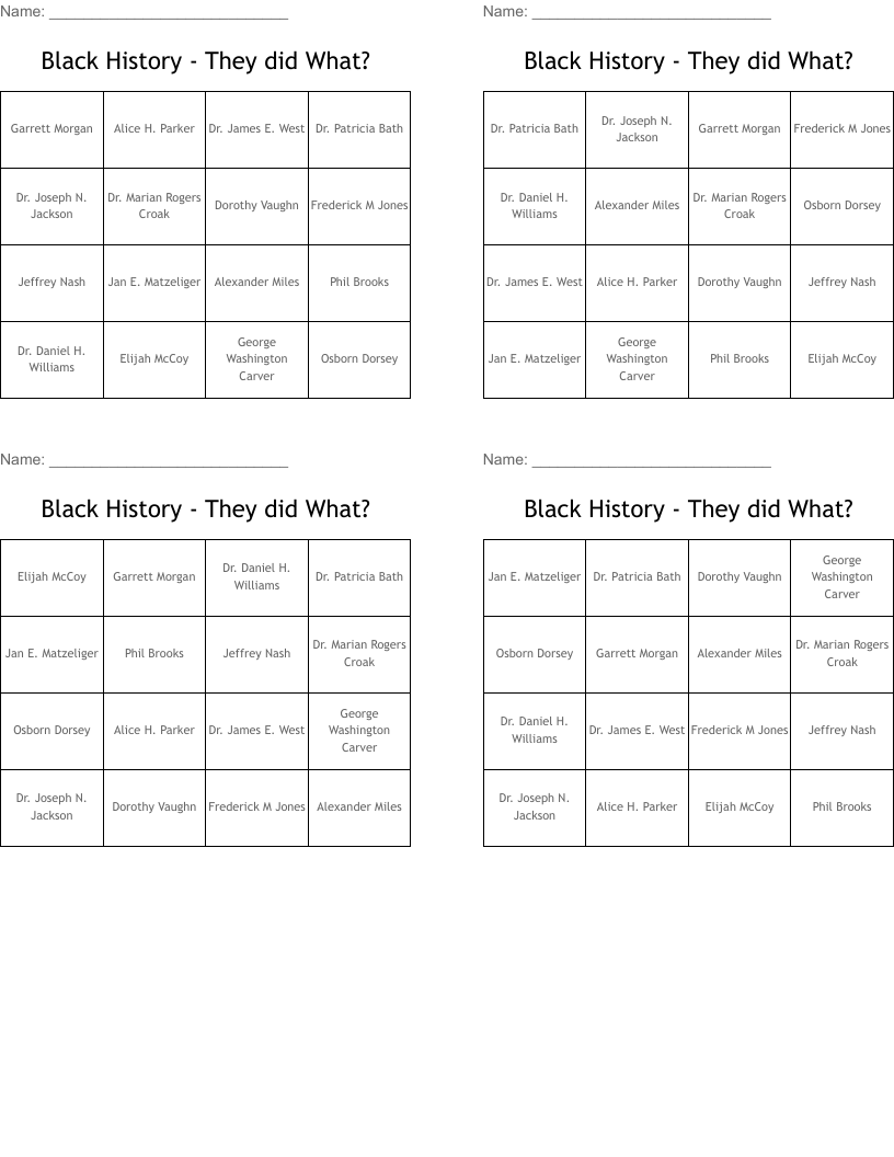 Black History  -  They did What? Bingo Cards