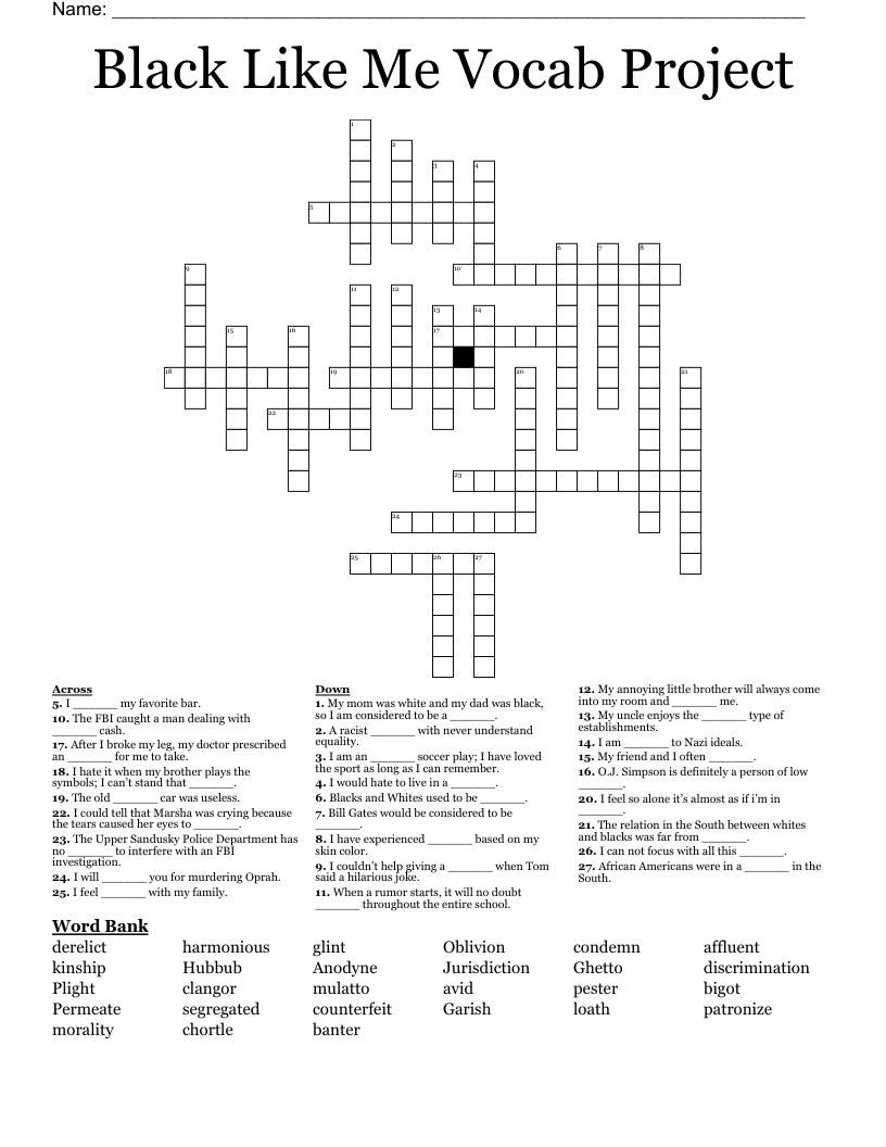 Black Like Me Vocab Project Crossword