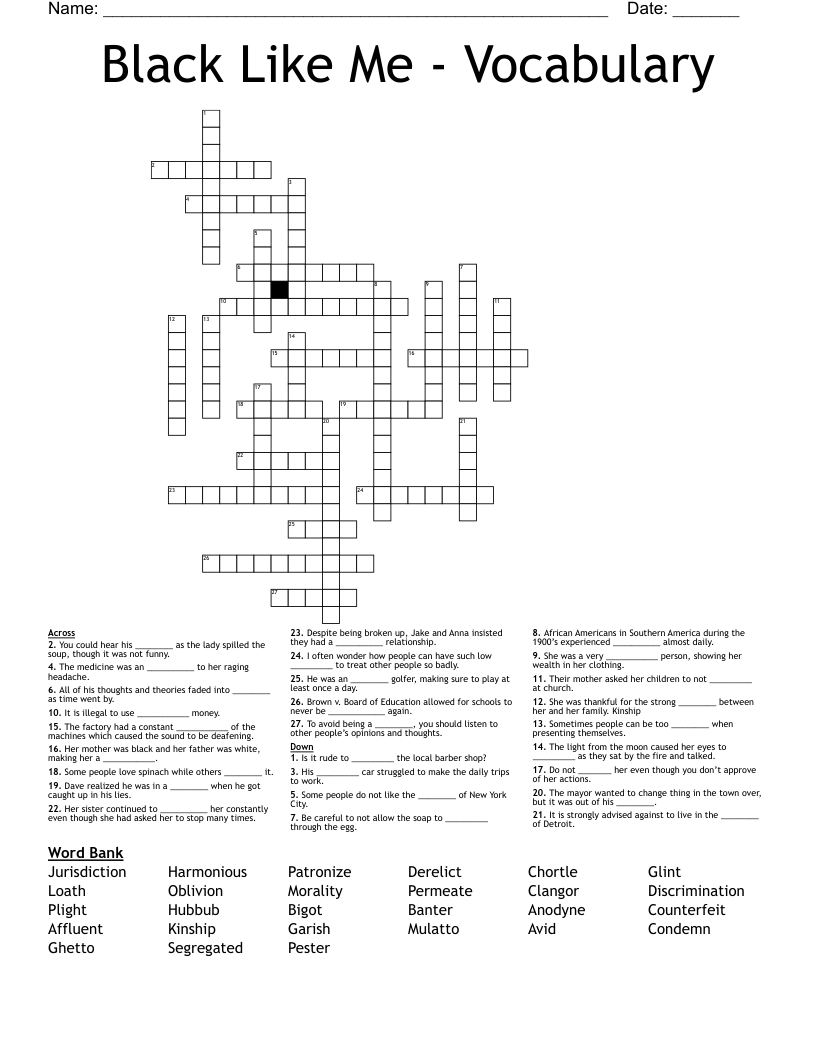 Black Like Me - Vocabulary  Crossword