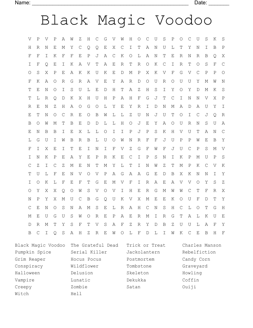 Black Magic Voodoo Word Search