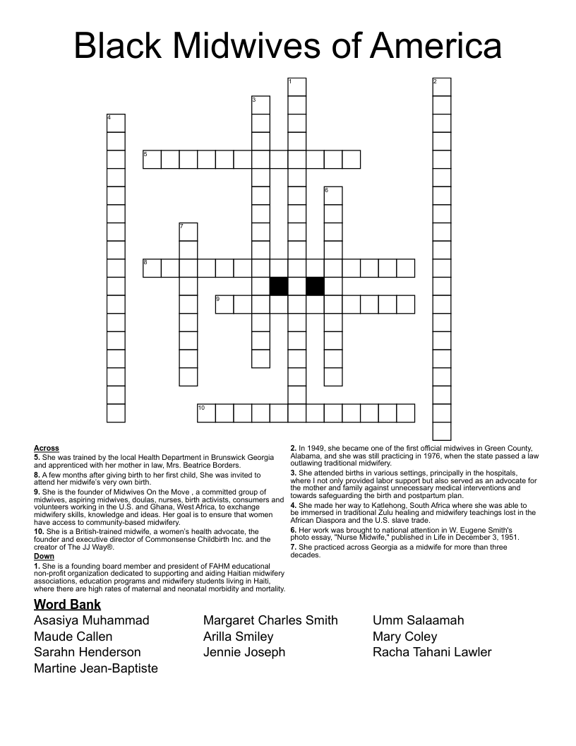 Black Midwives of America Crossword