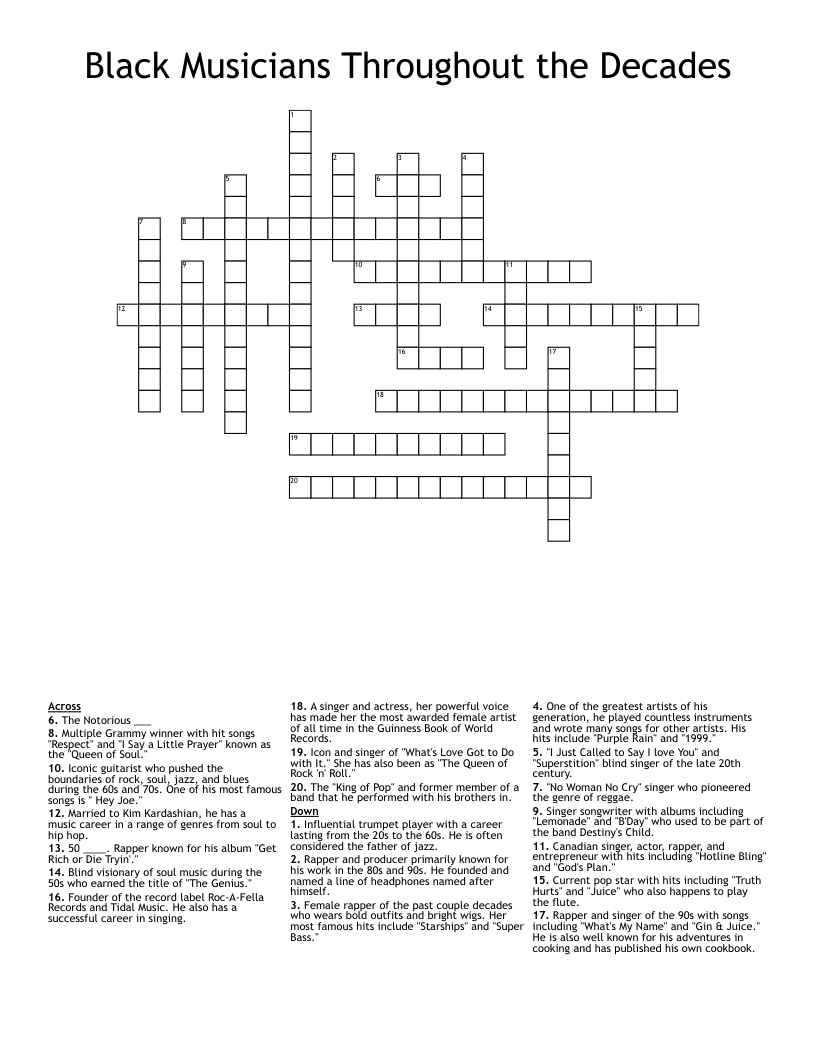 Black Musicians Throughout the Decades Crossword