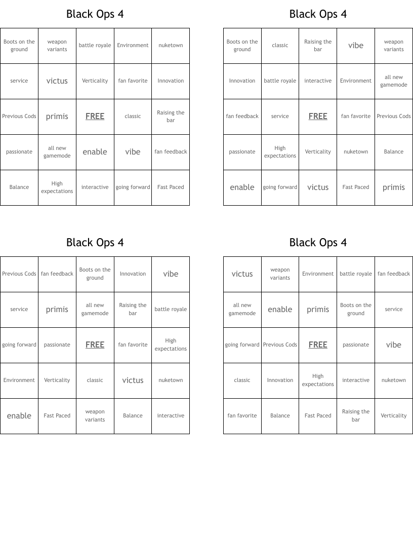 Black Ops 4  Bingo Cards