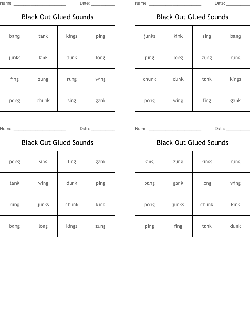 Black Out Glued Sounds Bingo Cards