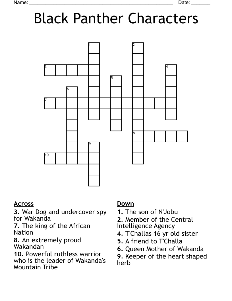 Black Panther Characters Crossword