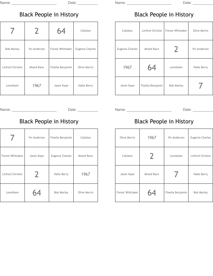 Black People in History Bingo Cards