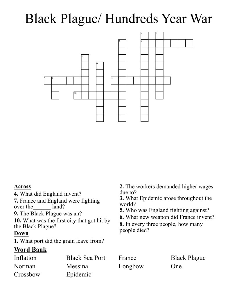 Black Plague/ Hundreds Year War Crossword