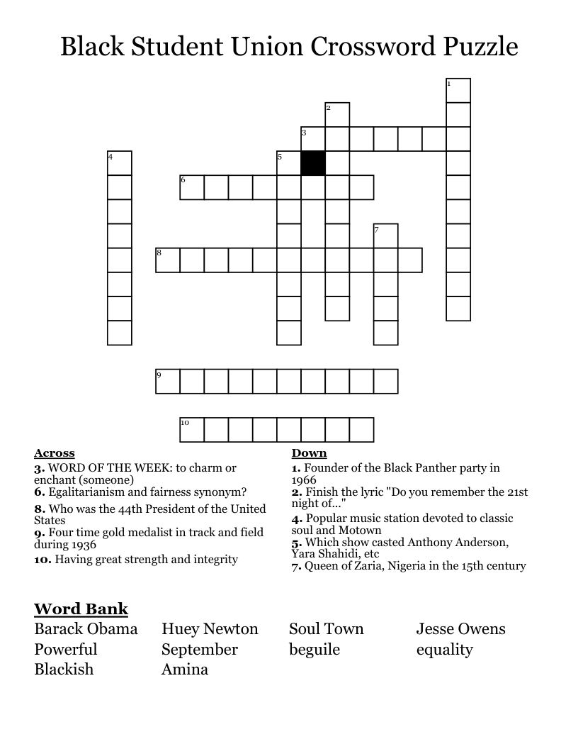 Black Student Union Crossword Puzzle