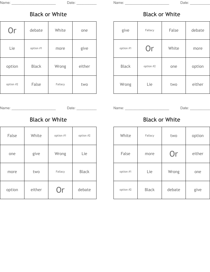 Black or White Bingo Cards