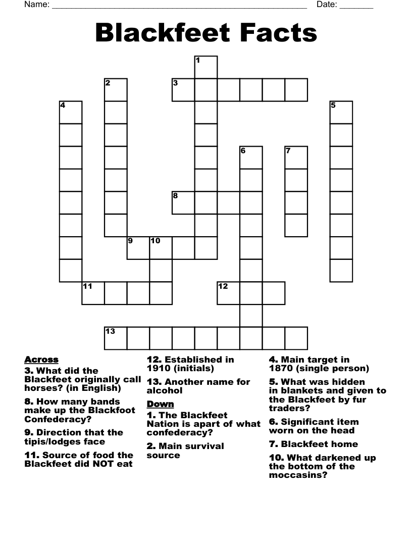 Blackfeet Facts Crossword