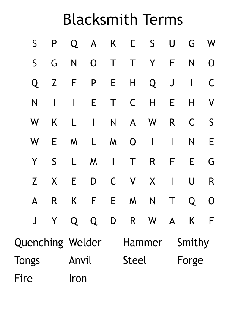 Blacksmith Terms Word Search