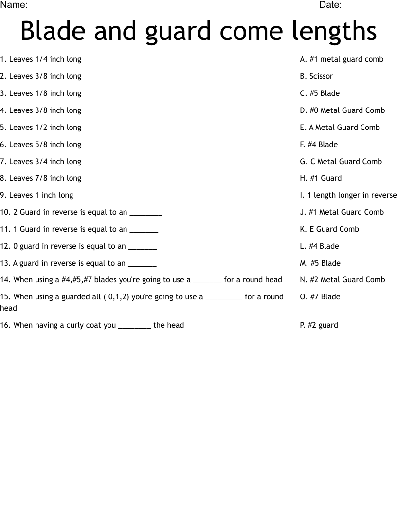 Blade and guard come lengths Worksheet