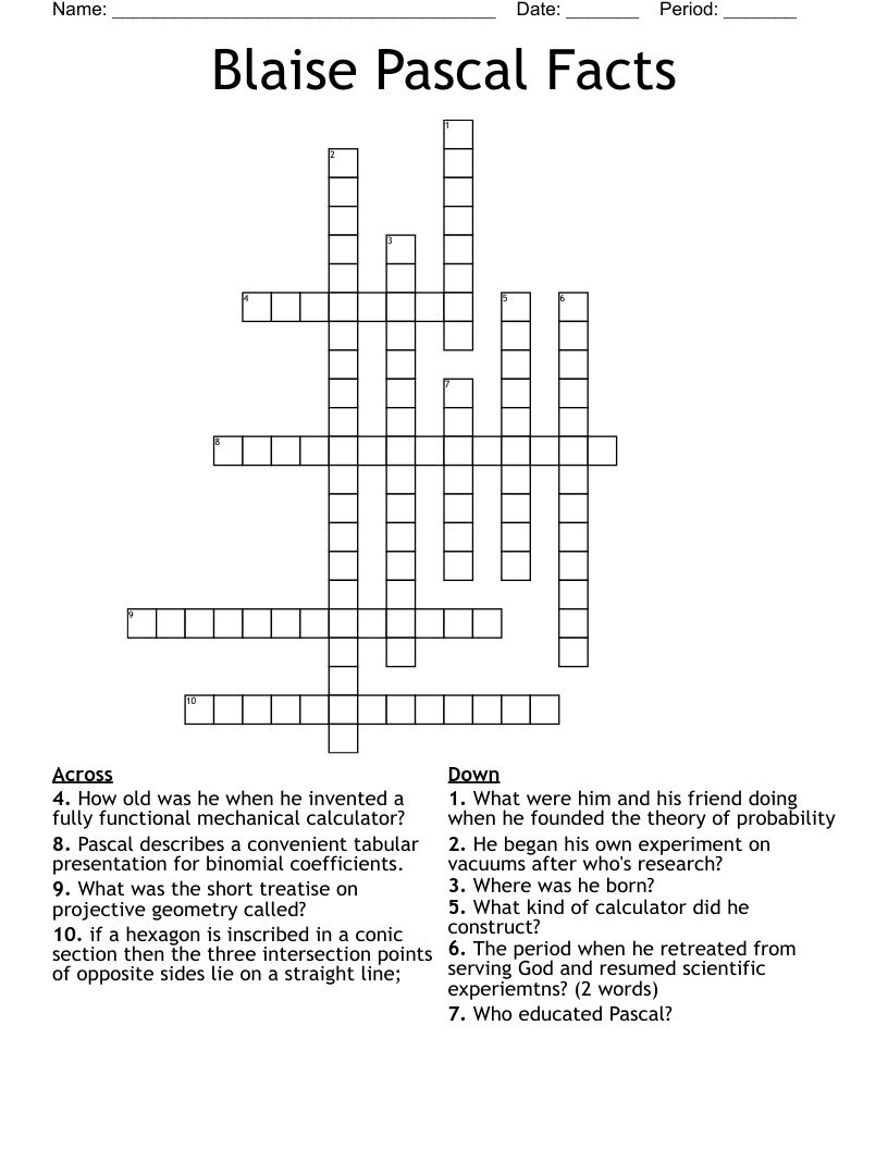Blaise Pascal Facts Crossword