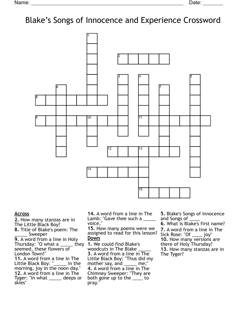 Blake’s Songs of Innocence and Experience Crossword