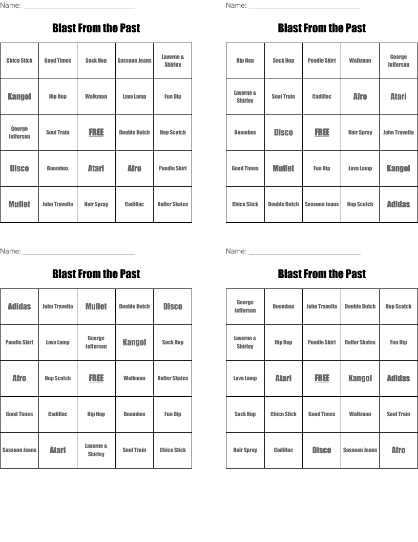 Blast From the Past Bingo Cards