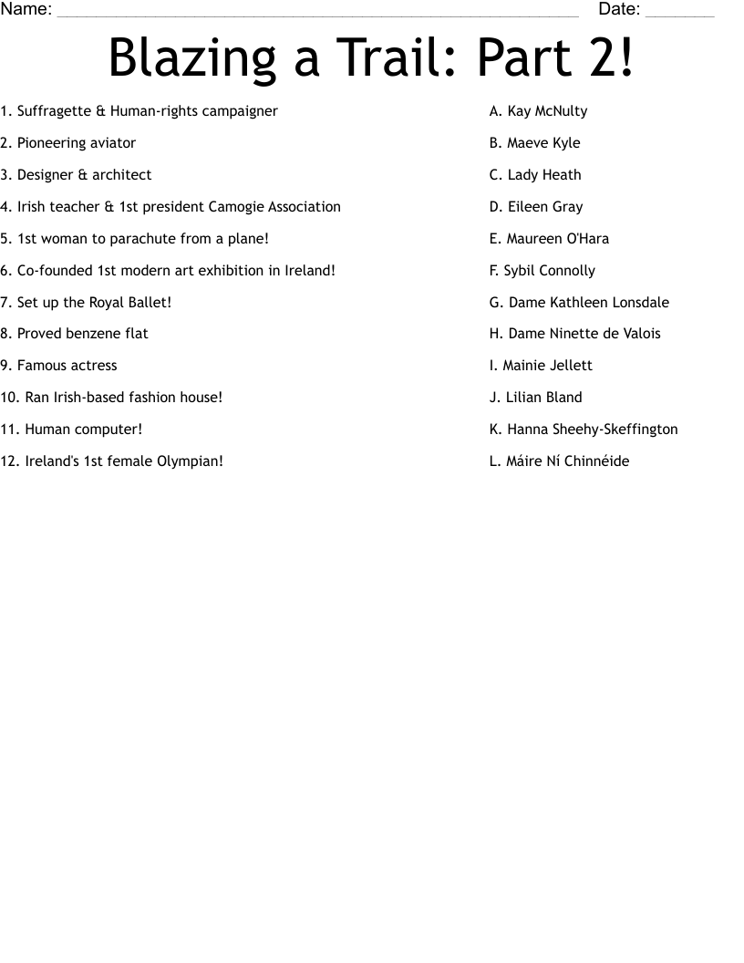 Blazing a Trail: Part 2! Worksheet