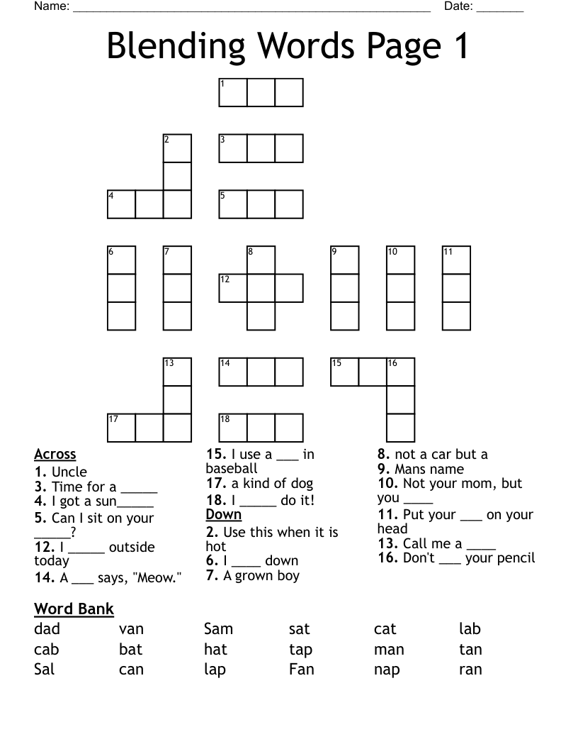 Blending Words Page 1 Crossword