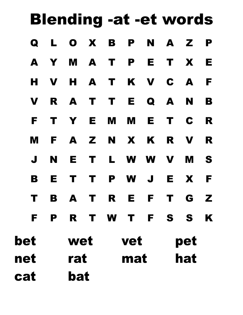 Blending -at -et words Word Search