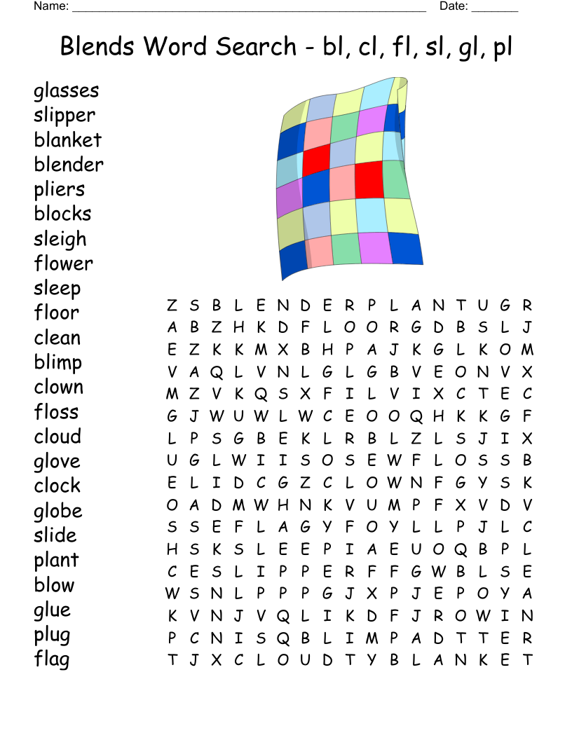 Blends Word Search - bl, cl, fl, sl, gl, pl