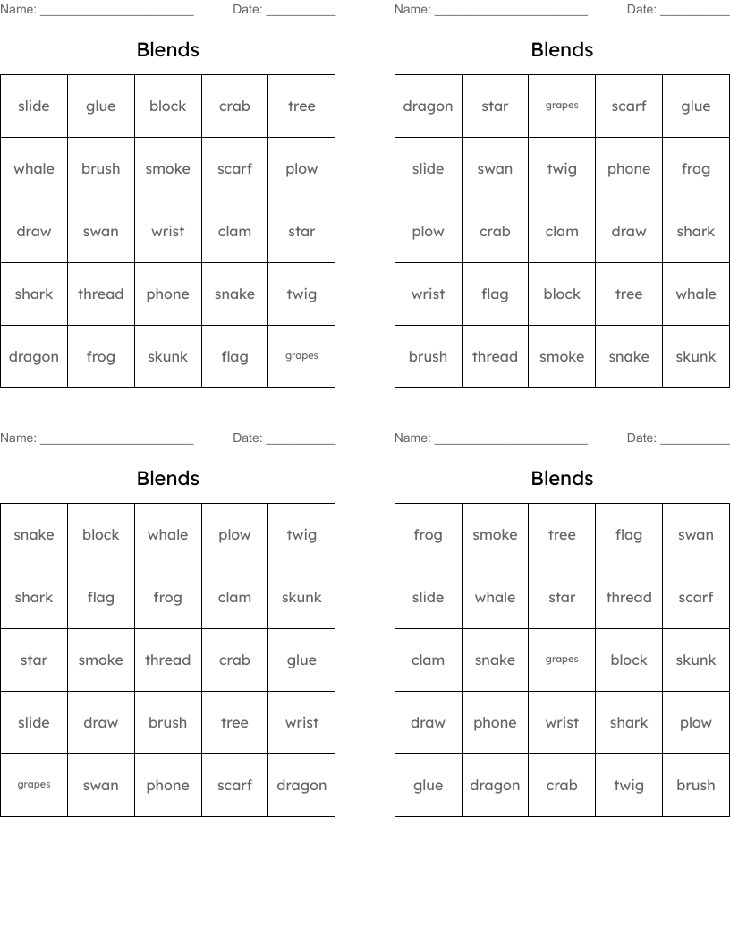 Blends  Bingo Cards