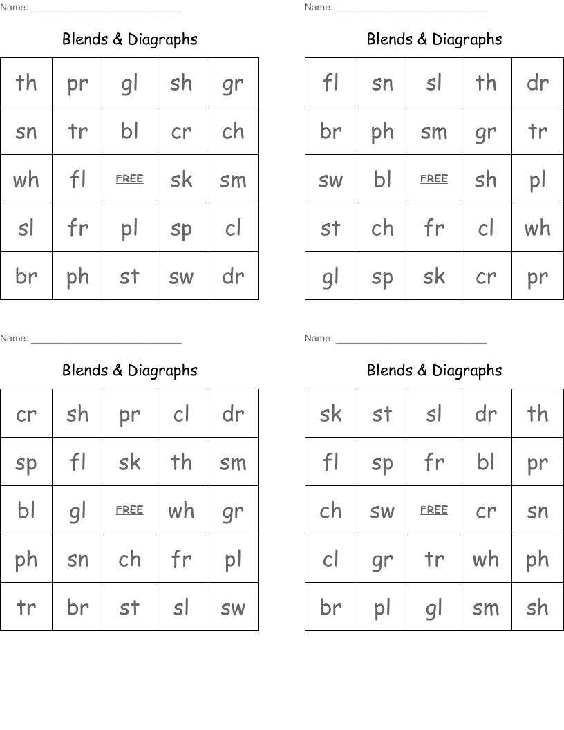 Blends & Diagraphs Bingo Cards