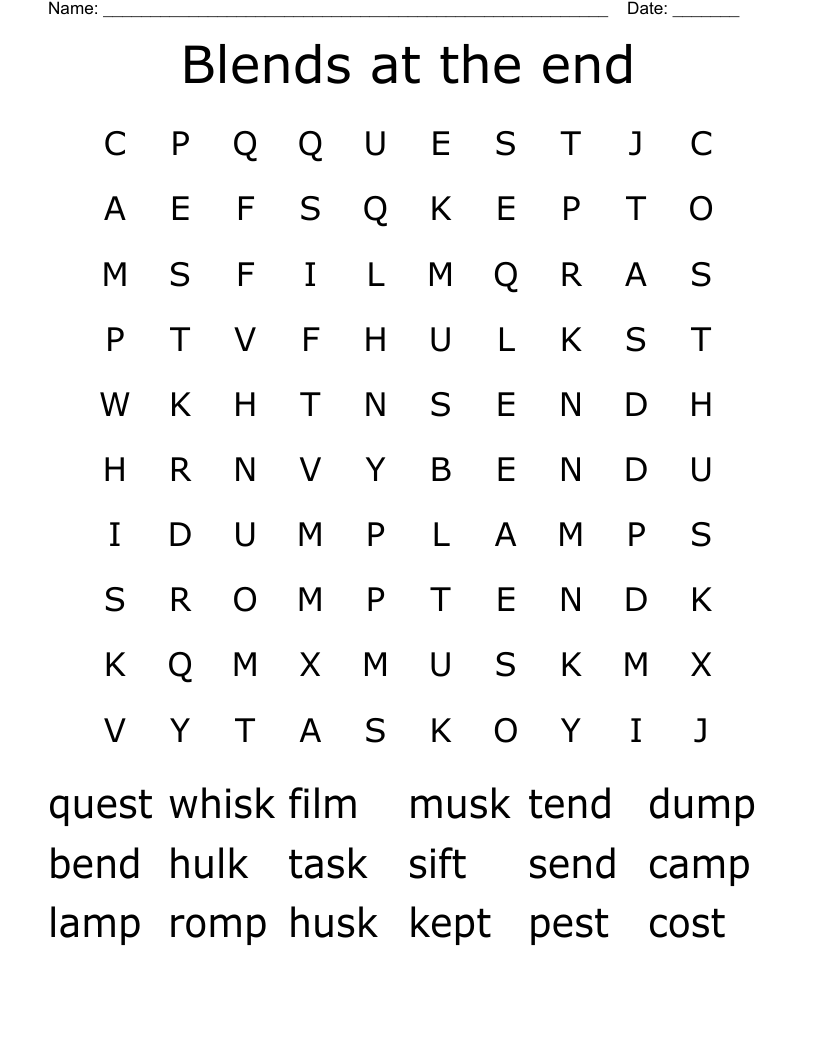 Blends at the end Word Search