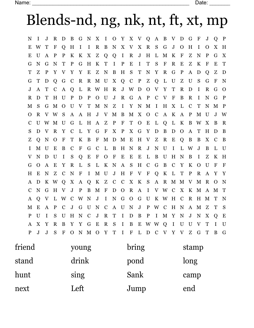 Blends-nd, ng, nk, nt, ft, xt, mp Word Search