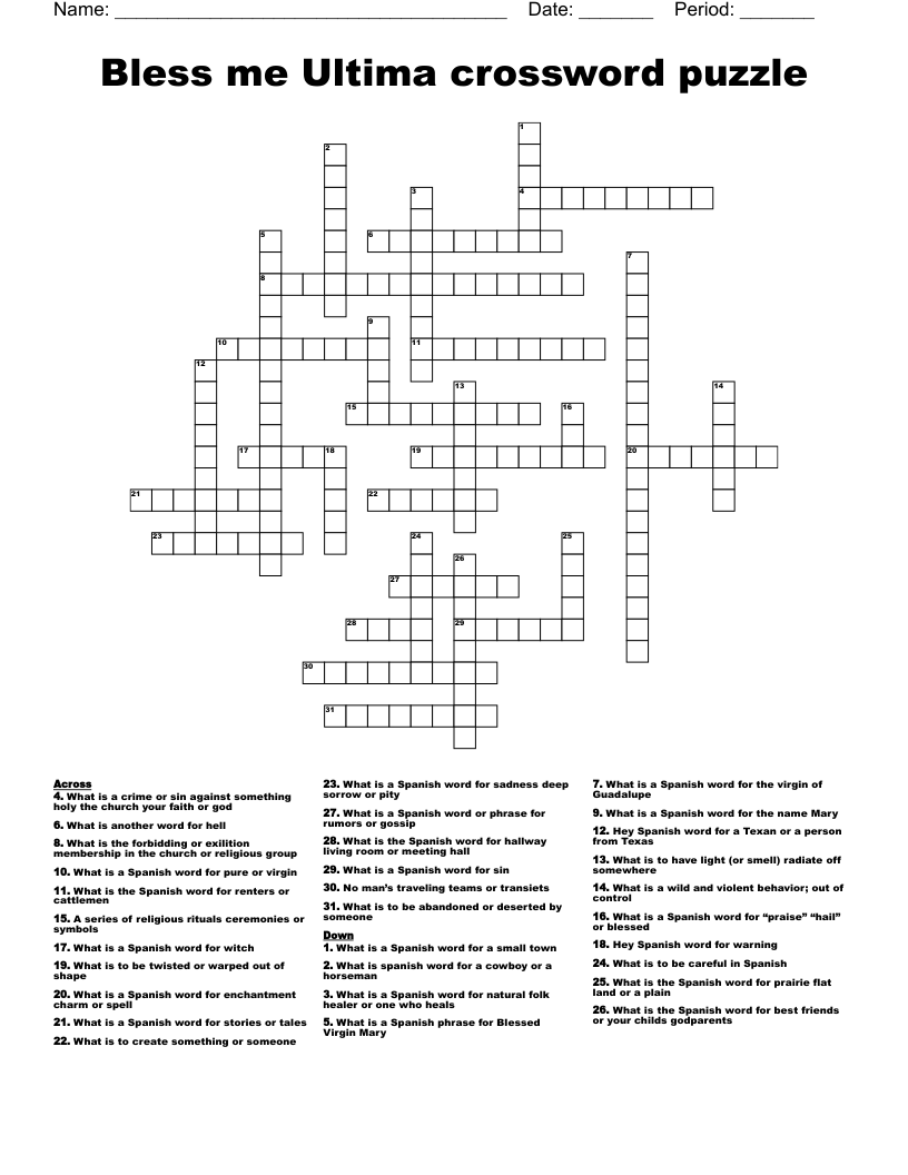 Bless me Ultima crossword puzzle 