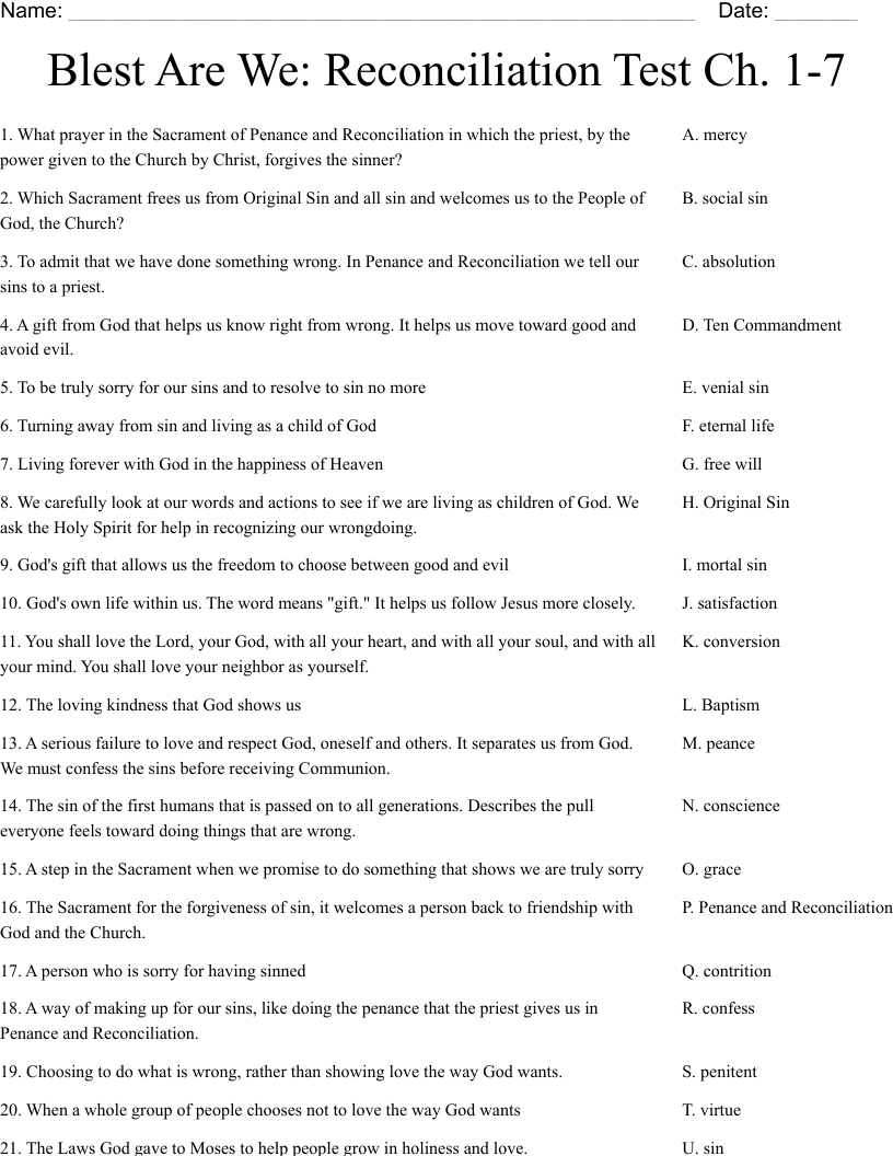 Blest Are We: Reconciliation Test Ch. 1-7 Worksheet