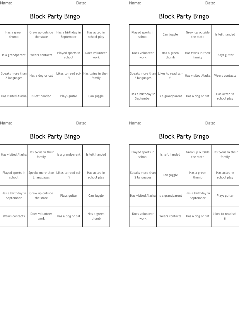 Block Party Bingo