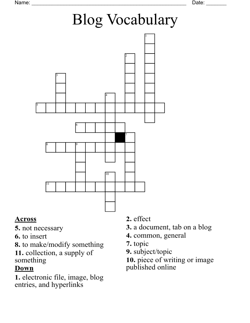 Blog Vocabulary Crossword