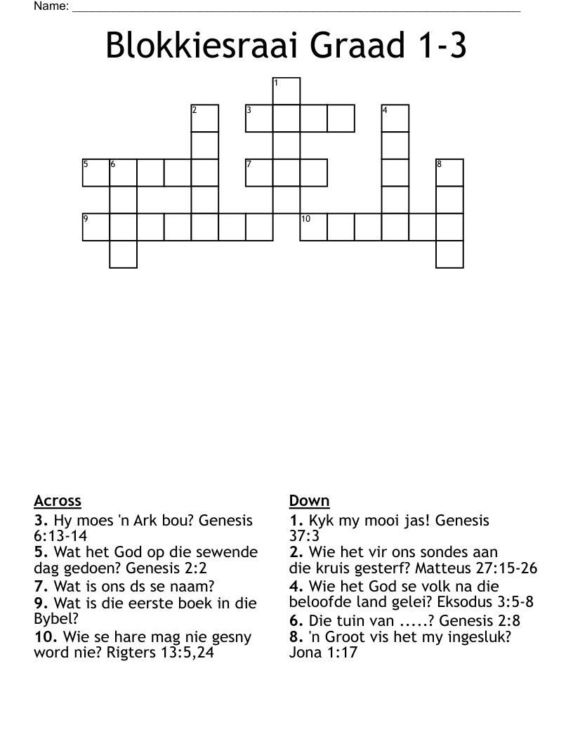 Blokkiesraai Graad 1-3 Crossword