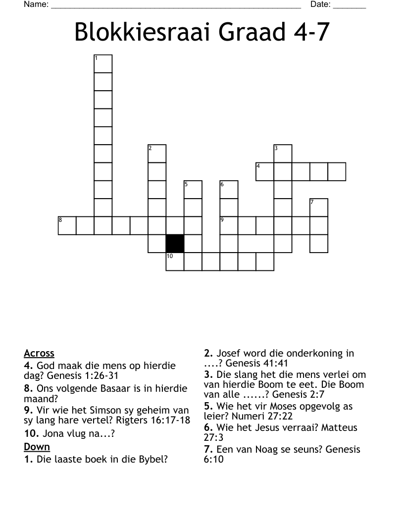 Blokkiesraai Graad 4-7 Crossword