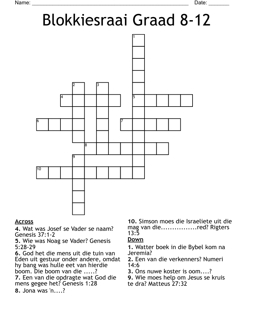 Blokkiesraai Graad 8-12 Crossword