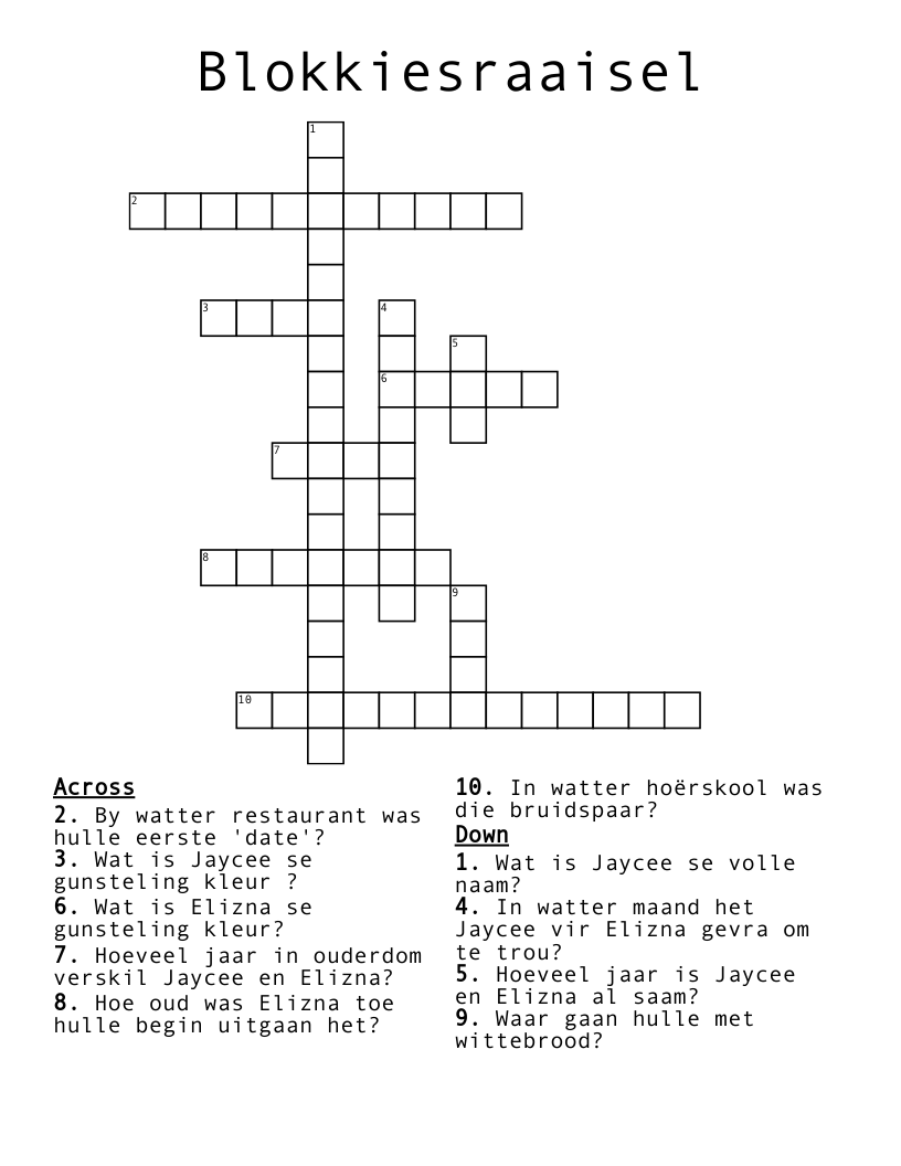 Blokkiesraaisel Crossword