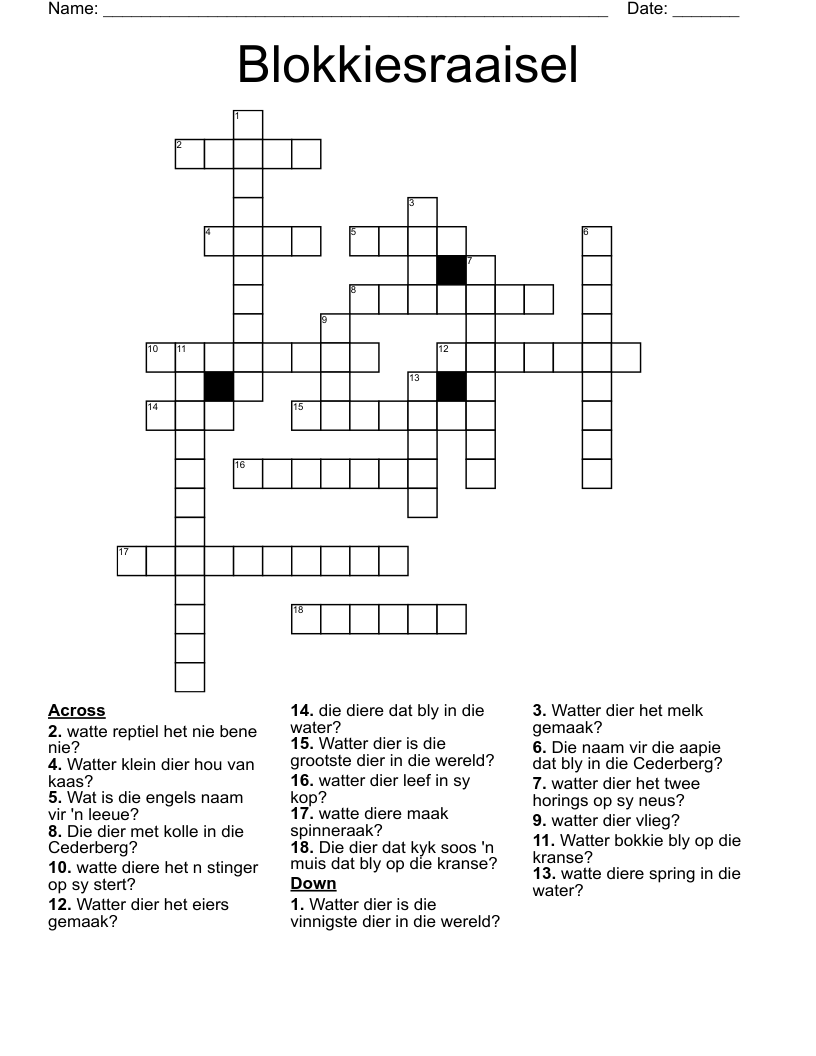 Blokkiesraaisel Crossword