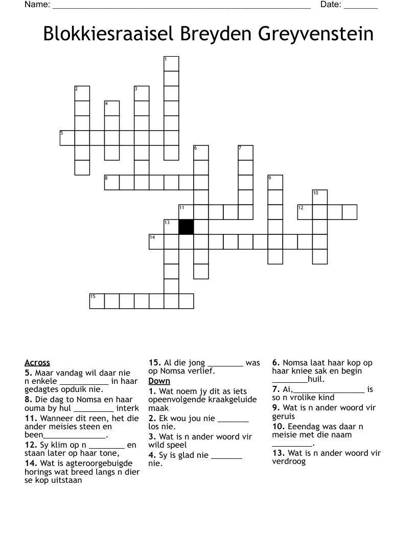 Blokkiesraaisel Breyden Greyvenstein Crossword