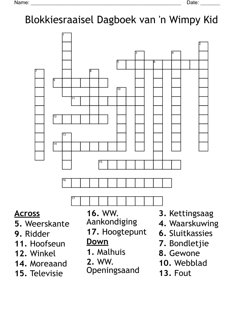 Blokkiesraaisel Dagboek van 'n Wimpy Kid Crossword
