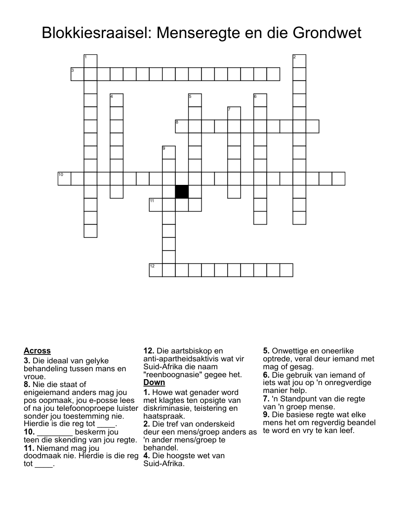 Blokkiesraaisel: Menseregte en die Grondwet Crossword