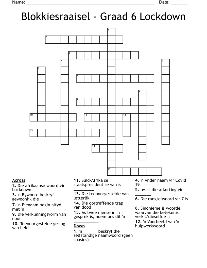 Blokkiesraaisel - Graad 6 Lockdown Crossword