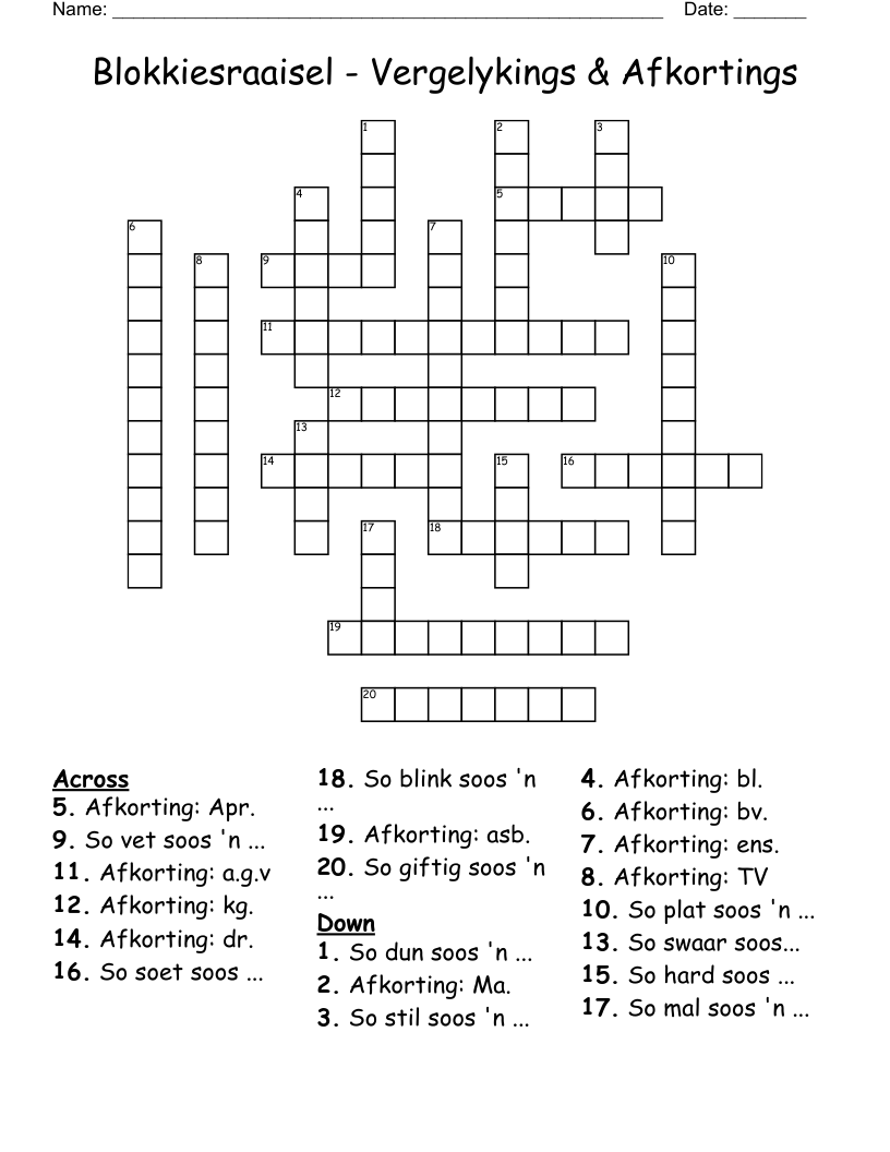 Blokkiesraaisel - Vergelykings & Afkortings Crossword
