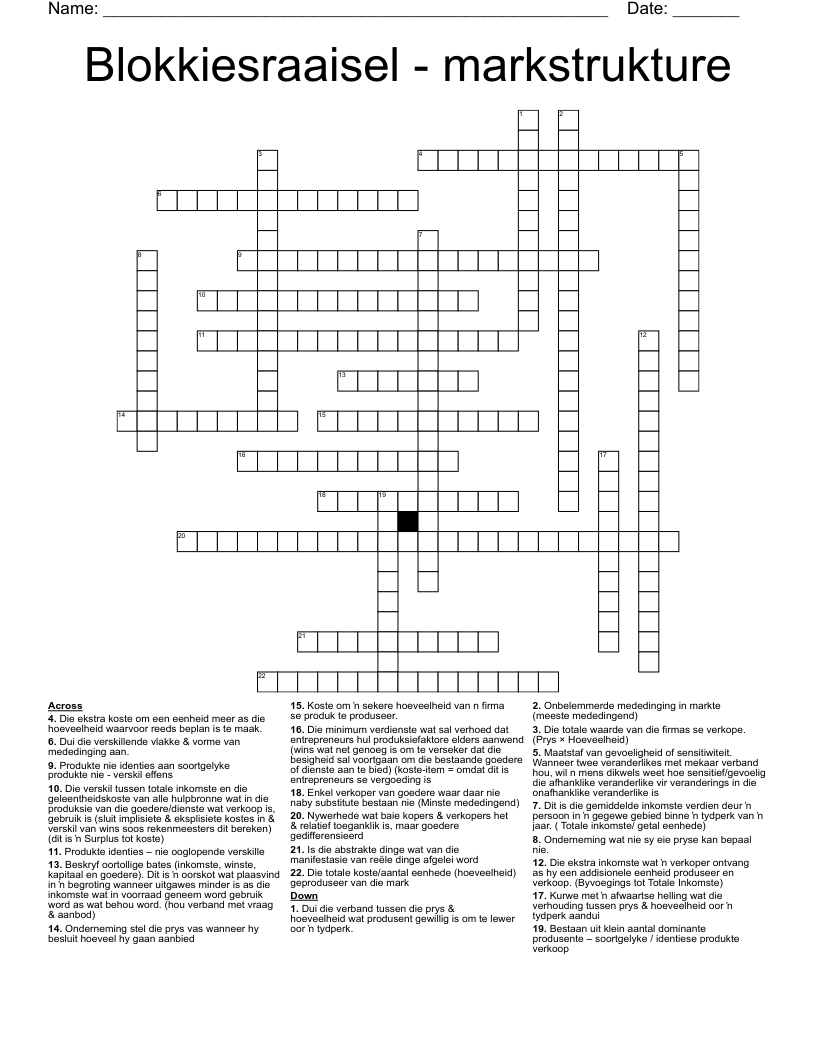 Blokkiesraaisel - markstrukture Crossword