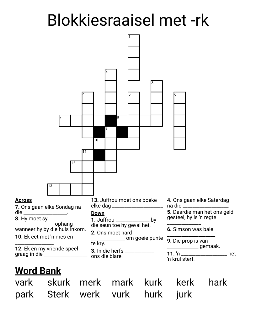 Blokkiesraaisel met -rk Crossword