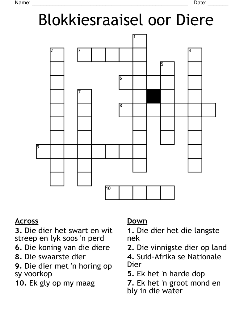 Blokkiesraaisel oor Diere Crossword