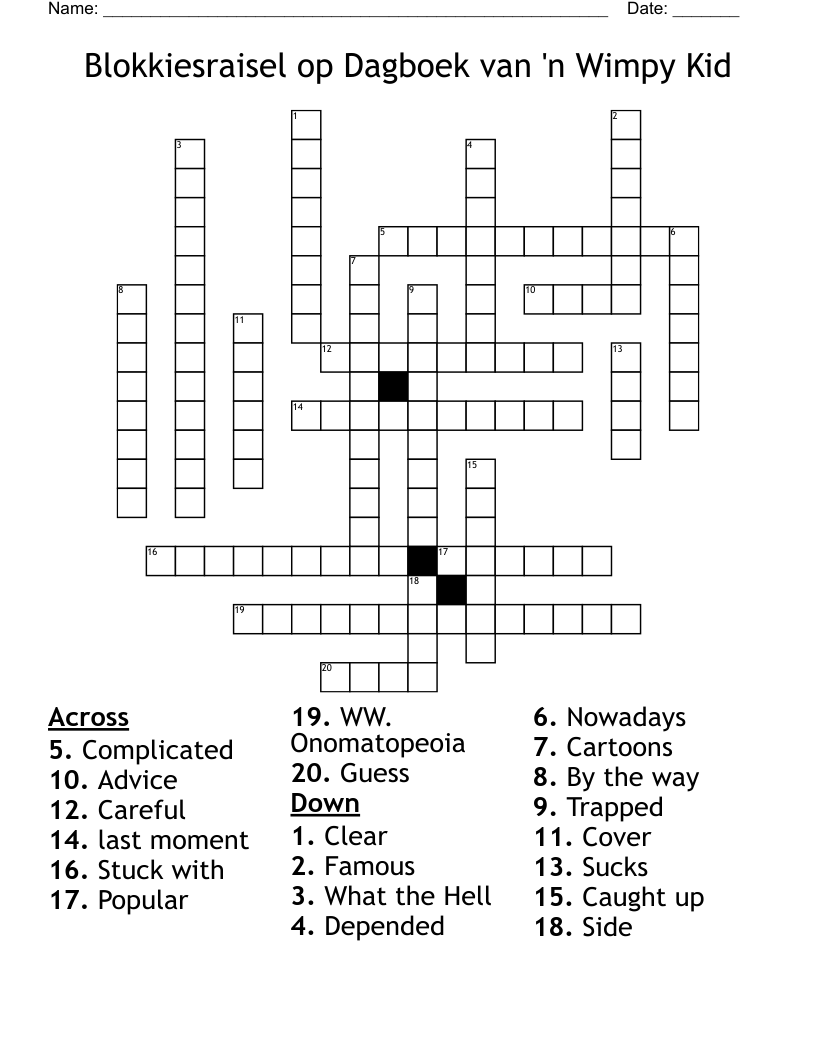 Blokkiesraisel op Dagboek van 'n Wimpy Kid Crossword