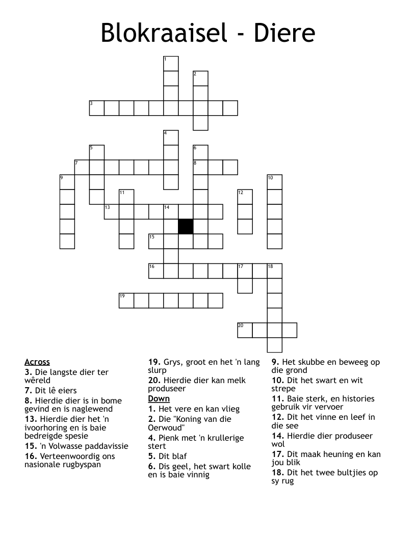 Blokraaisel - Diere Crossword