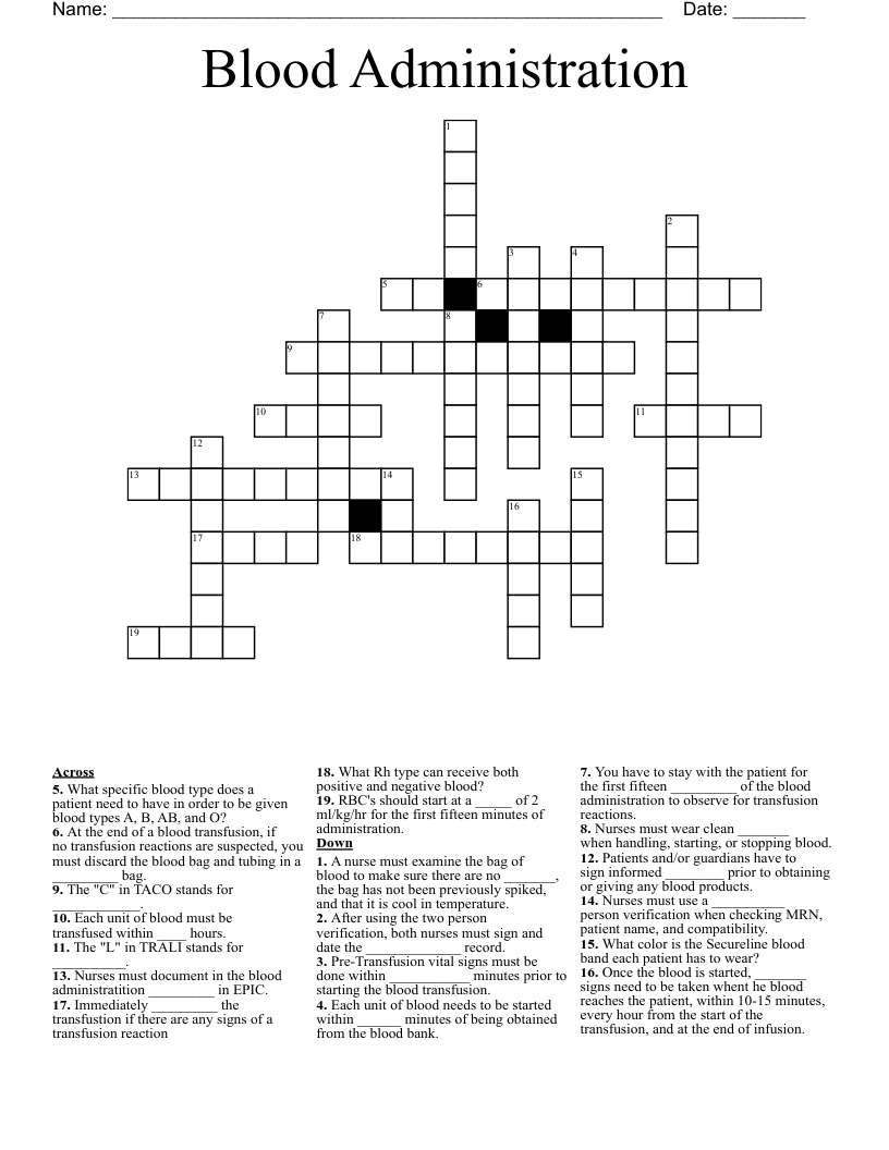 Blood Administration Crossword