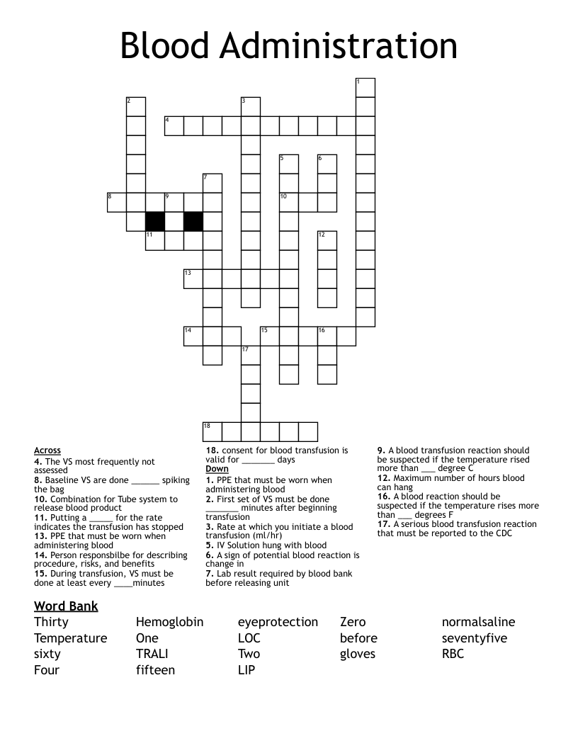 Blood Administration Crossword