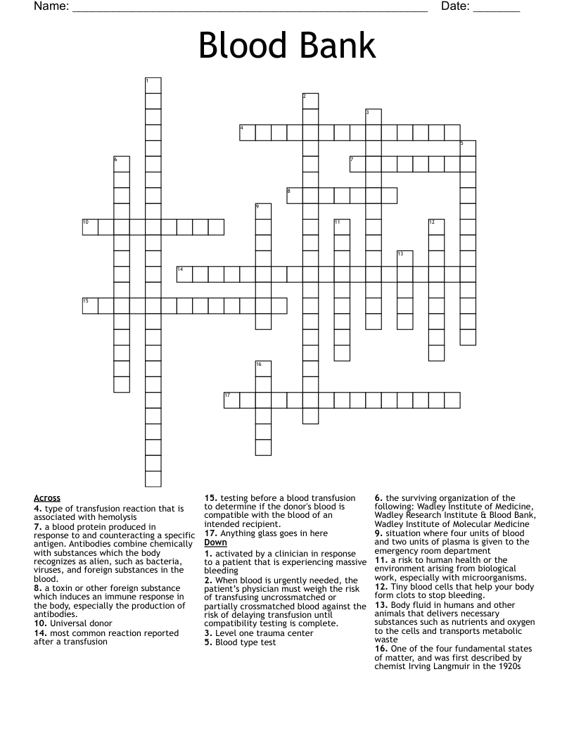 Blood Bank Crossword